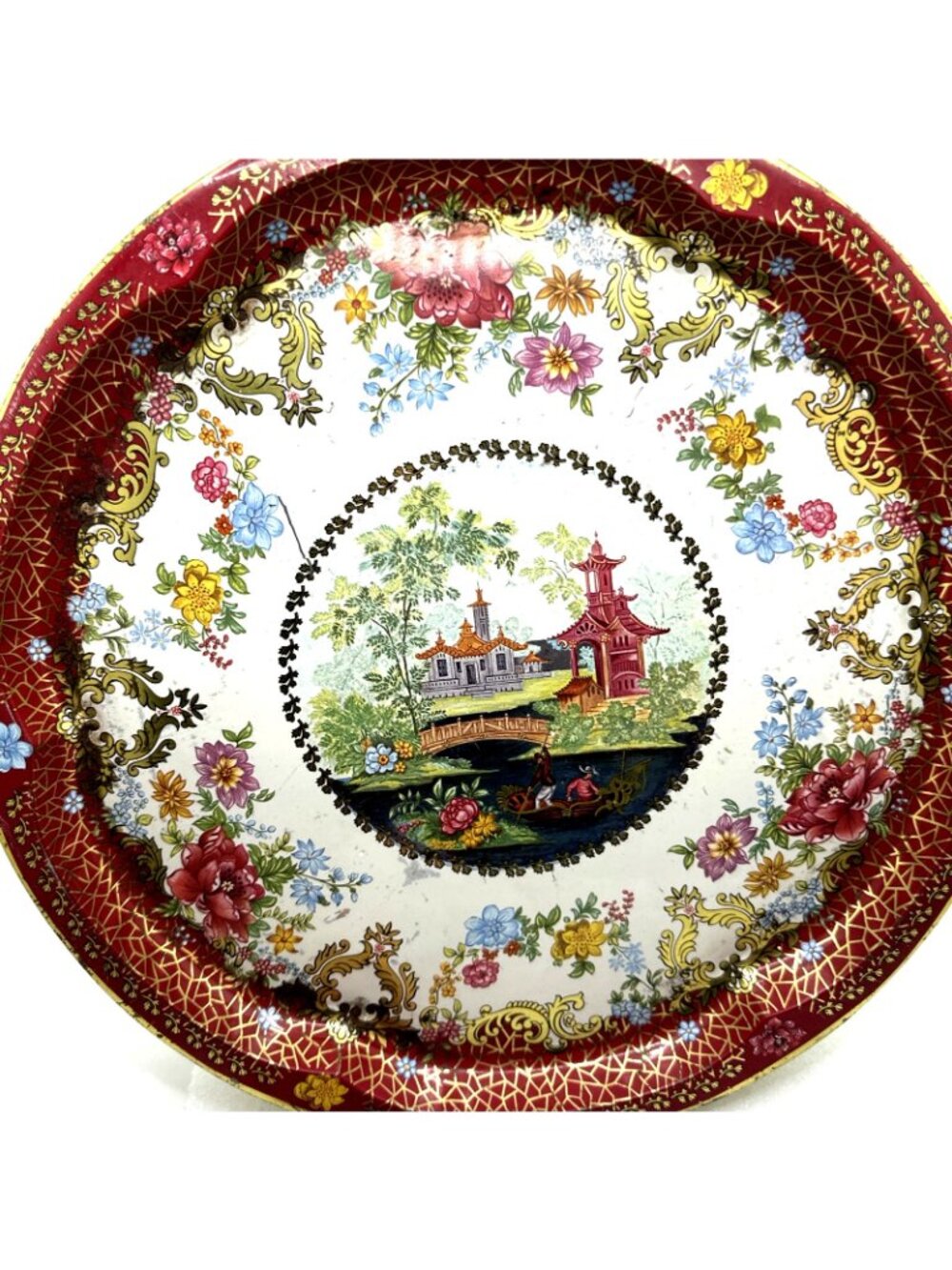 Vintage Chinoiserie Tole Metal Tray Asian Scene - Picture 4 of 10